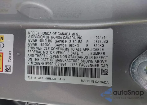 2024 Honda Civic Touring z USA, uszkodzony, nr VIN 2HGFE1F97RH321924